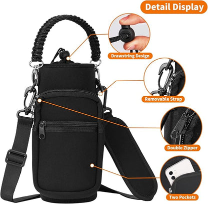32/40/64/128 oz Neoprene Insulated Water Bottle Carrier Bag, Sling Bag Sleeve Pouch Holder with Strap & Paracord Handle and 2 Pocket for Travelling, Hiking, Camping
