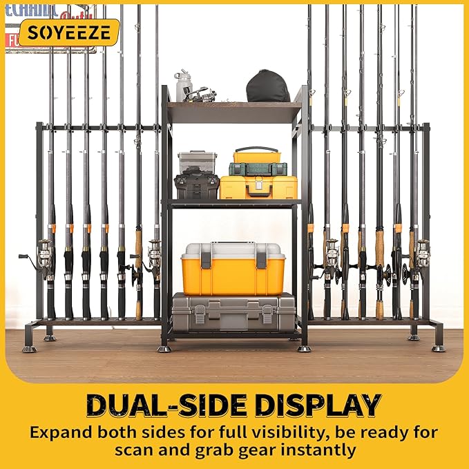 SOYEEZE Fishing Rod Holder for 28 Rods, Ground Stand Fishing Pole Holders for Garage, 3-Sided Vertical Fish Rod Rack for Tackle Box, Fishing Supplies,a Display Fish Gear Storage Gift for Man