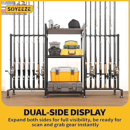 SOYEEZE Fishing Rod Holder for 28 Rods, Ground Stand Fishing Pole Holders for Garage, 3-Sided Vertical Fish Rod Rack for Tackle Box, Fishing Supplies,a Display Fish Gear Storage Gift for Man