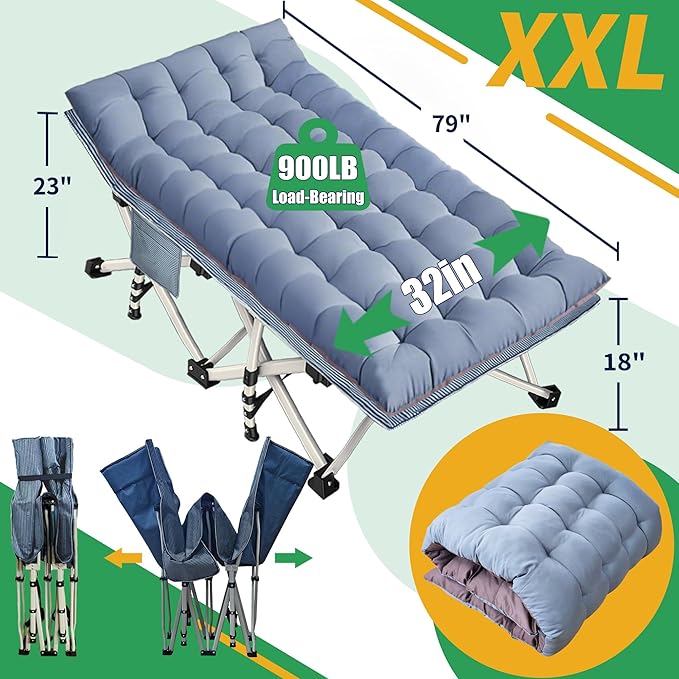 32 Inches Wide XXL Camping Cot with Mattress Oversize Folding Cot Heavy Duty Comfortable Cots for Sleeping Guest Bed with Carry Bag Portable Easy to Set-up for Home Travel Outdoor