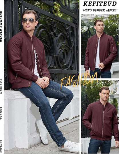 KEFITEVD Men's Jacket Casual Windproof Bomber Jackets Full Zip Windbreaker Warm Winter Padded Coats