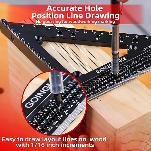 Big Carpenter Square 6x7.5 Inch Hole Scribing Ruler 3D Multi Angle Measuring Ruler 22.5-90 Degree Woodworking Square with Fixed Angle Pin 4 in 1 Square for Engineering and Construction