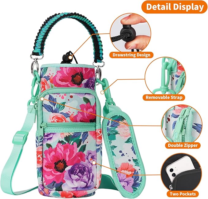 32/40/64/128 oz Neoprene Insulated Water Bottle Carrier Bag, Sling Bag Sleeve Pouch Holder with Strap & Paracord Handle and 2 Pocket for Travelling, Hiking, Camping