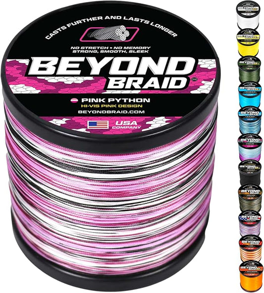 Beyond Braid Braided Fishing Line -Super Strong - Abrasion Resistant - No Stretch -Blue Camo, Moss Camo, White, Green, Pink, Blue, 4 Strand 8 Strand