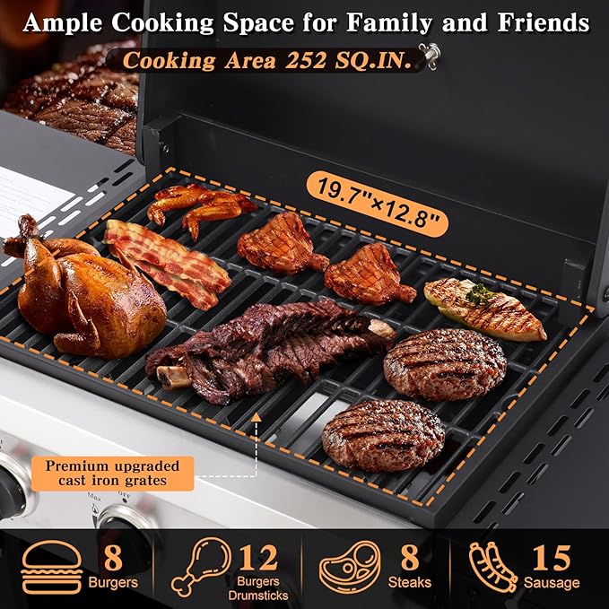 CIG GARDEN 3 Burner Propane Gas Grill, 31,500 BTU Output Outdoor BBQ Grill with Cast Iron Grates and Versatile Grill Pan, Perfect for Outdoor Cooking, Balcony, Backyard, Camping, Barbecue