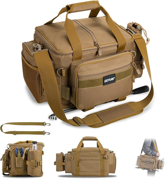 Goture Fishing Tackle Bag,Store Up to 4PCS 3700 Tackle Boxes(Not Included),600D Soft Side Water-Resistant Saltwater Gear Storage Fishing Bag with Rod Strap,Detachable Water Bottle Pouch,Gifts for Men