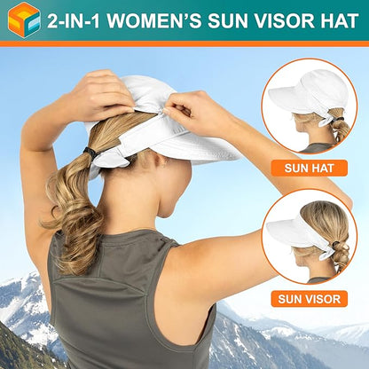 SUN CUBE Women Sun Hat for Outdoor UV Protection, Wide Brim Sun Hat Ponytail, Convertible Zip-Off Beach Hat Visor