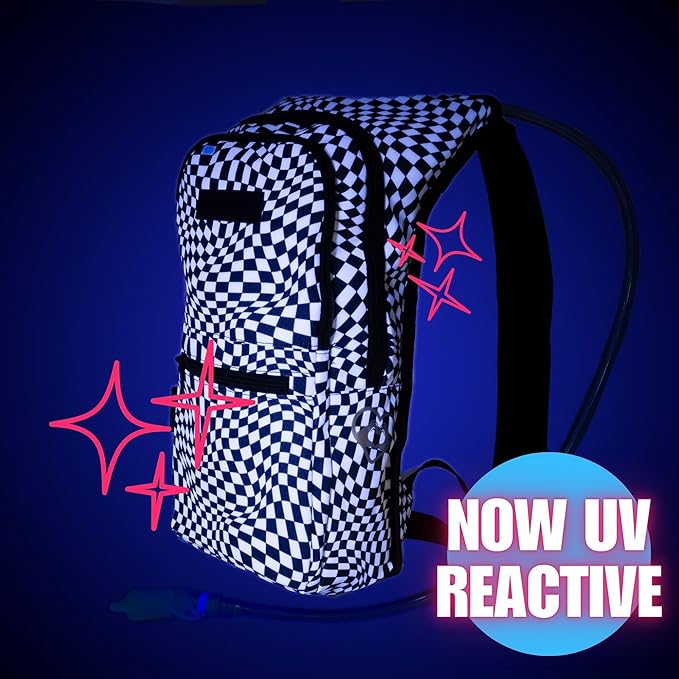 Kandies World Reflective Festival Hydration Pack - 2L Water Bladder for Raves, Hiking, Biking, Running, and More (with Anti-Theft Pocket)