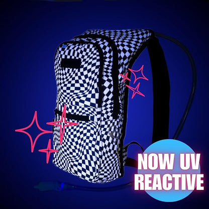 Kandies World Reflective Festival Hydration Pack - 2L Water Bladder for Raves, Hiking, Biking, Running, and More (with Anti-Theft Pocket)