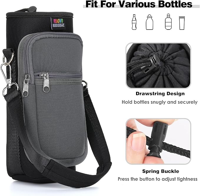 Nuovoware Water Bottle Carrier Bag,25oz/40oz/64oz Bottle Pouch Holder,Adjustable Shoulder Hand Strap 2 Pocket Sling Neoprene Sleeve Sports Accessories for Hiking Travelling Camping