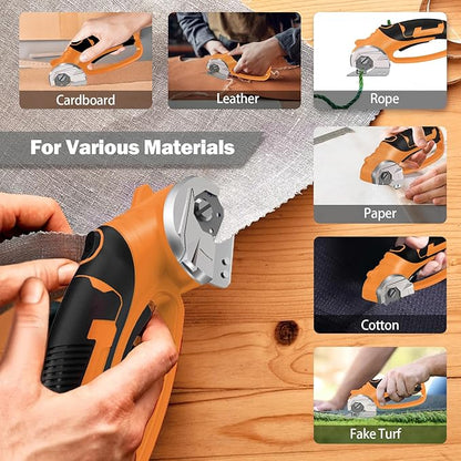 Cordless Electric Scissors, 4V Box Cutter & Cardboard Cutter with 2 Titanium Blades - Rotary Cutter with LED Light for Fabric, Leather, Carpet, Plastic, Crafting + Storage Case (Orange)