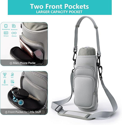 linmaya Water Bottle Carrier Bag, Insulated Water Bottle Bag Fits Stanley IceFlow Owala 16/24/32/40oz Tumbler, Water Bottle Holder with Shoulder Hand Straps, 2 Pockets for Travel, Hiking, Camping