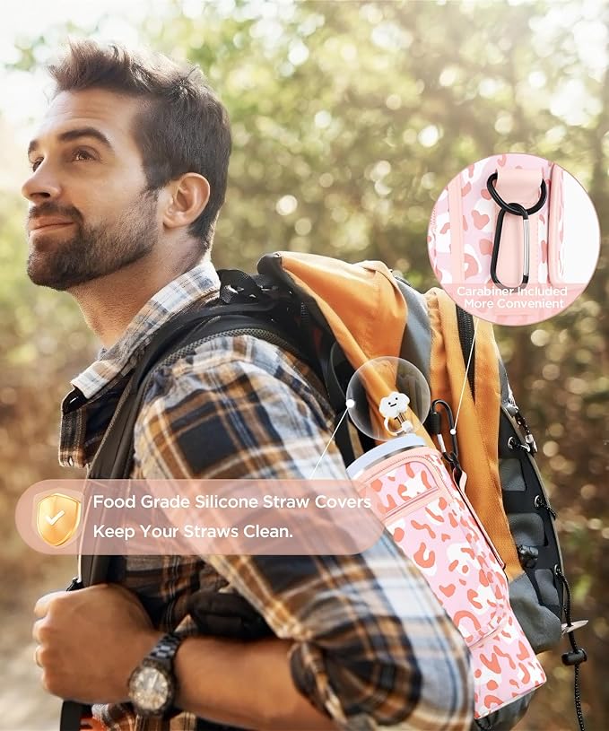 dabria Water Bottle Carrier Bag with Phone Pocket for Stanley 40/30 oz Tumbler Neoprene Water Bottle Holder Pouch with Adjustable Strap Bollus with Straw Cover & Carabiner for Stanley Cup Accessories