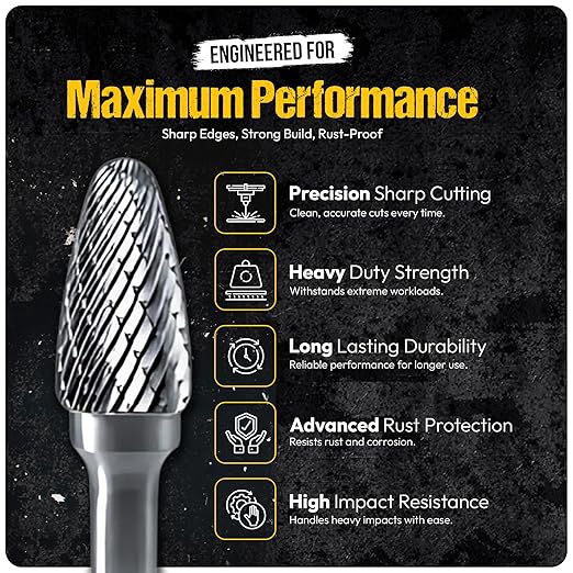 10Pcs Tungsten Carbide Burr Set 6.35mm - 1/4" Shank Double Cut Die Grinder Bits Cutting Burrs - Metal, Steel - Rotary Tools Rasp Accessories - Deburring, Engraving, Grinding, Carving, Porting