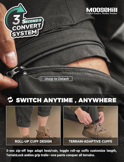 Moosehill Men's-Hiking-Pants Convertible Quick-Dry Water-Resistant Lightweight Zip-Off Outdoor with 5 Deep Pockets