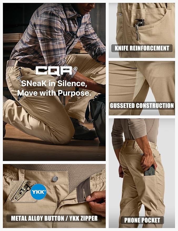 CQR Men's Flex Stretch Tactical Pants, Water Resistant Ripstop Cargo Pants, Lightweight EDC Outdoor Work Hiking Pants