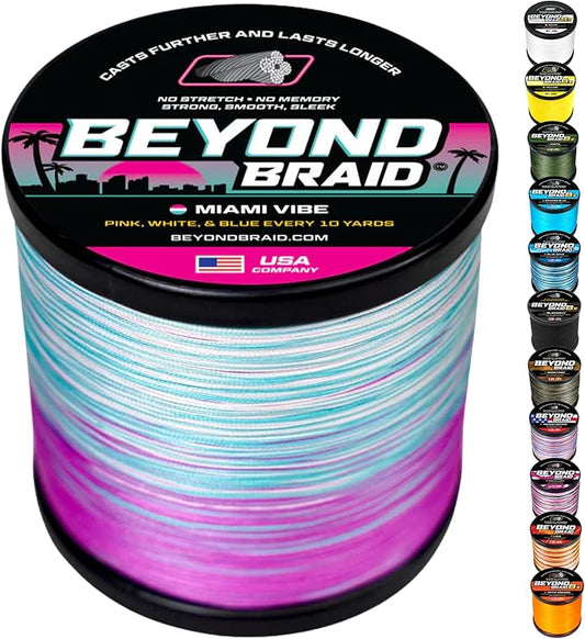Beyond Braid Braided Fishing Line -Super Strong - Abrasion Resistant - No Stretch -Blue Camo, Moss Camo, White, Green, Pink, Blue, 4 Strand 8 Strand