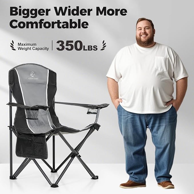 ALPHA CAMP Oversized Camping Folding Chair - Heavy Duty Steel Frame Support 350 LBS, Collapsible Padded Arm With Cup Holder, Quad Lumbar Back, Portable for Outdoor/Indoor