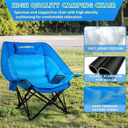 Oversized Camping Chairs 2 Pack, Heavy Duty Folding Chairs Support 500LB for Adults, Portable Low Beach Chairs with Headrest Support and Cup Holder for Outdoor, Camping, Sports, Blue