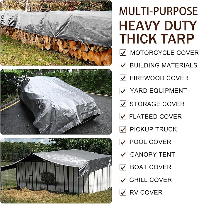 Sunvigor Tarp Waterproof 16x20Ft, Heavy Duty Tarp Cover Extra Thick 14 Mil Tear and UV Resistant, Outdoor Tarps with Grommets and Reinforced Edges for Roof, Camping, Patio, Pool, Boat