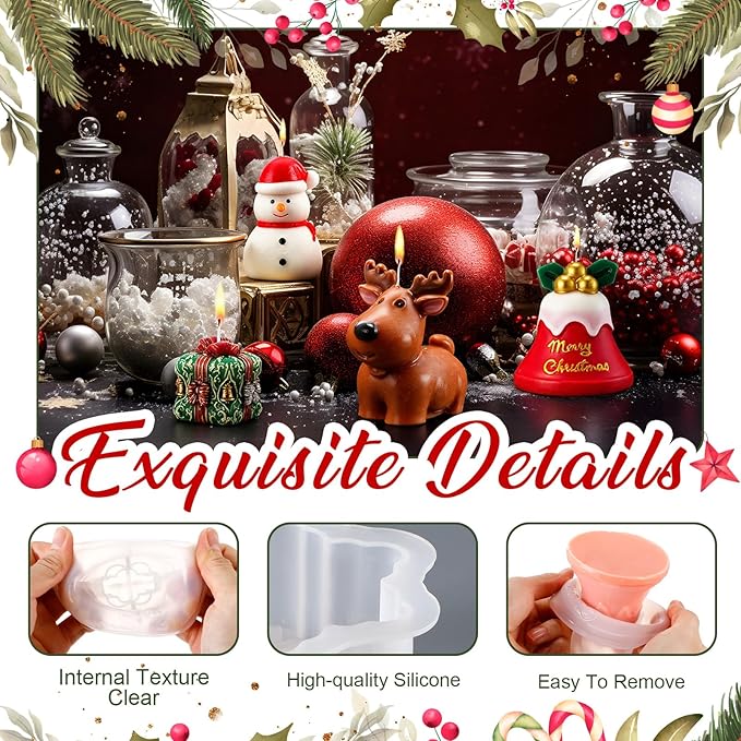 LemonRoad 8 Pcs 3D Christmas Candle Mold Set Silicone Soap Epoxy Resin Wax Mold 3D Christmas Tree, Santa, Elk, Snowman for Candle Resin Soap Craft Cake Chocolate Making Kit for Xmas Gift Party Decor