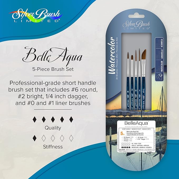 Silver Brush Limited BA-2707S BelleAqua Watercolor Detail Set, 5pc Professional Short Handle Watercolor Brush Set with Soft Synthetic Red Sable Bristles, Round, Bright, Liners & a Dagger Striper Brush