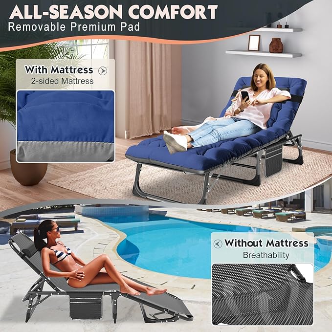 MOPHOTO 5-Position Folding Cot, Portable Outdoor Folding Chaise Lounge Chair for Sun Tanning, Perfect for Pool, Beach, Patio Sunbathing