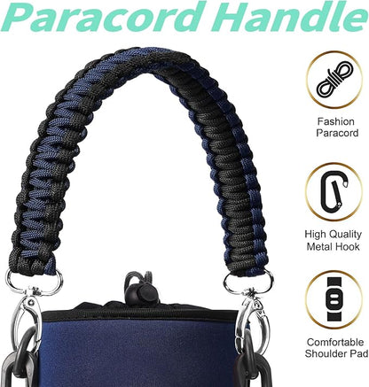 32/40/64/87/128 oz Water Bottle Carrier Bag, Neoprene Water Bottle Sleeve with 4 Pocket, Sport Water Holder with Paracord Handle and Shoulder Strap for Walking Hiking Camping Gym