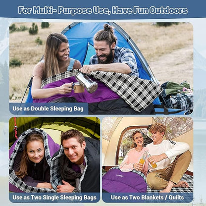 Double Sleeping Bag for Adults Machine Washable 2 Person Camping Sleeping Bag Queen Size Waterproof with Compression Sack for Cold Weather 3-4 Seasons