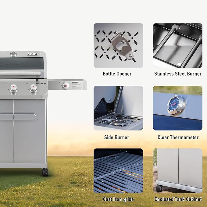 Monument Grills Outdoor Barbecue Stainless Steel 3 Burner Propane Gas Grill, 48,000 BTU Patio Garden Grill with Side Burner and Knob Controls, Mesa305 with Smoker Box