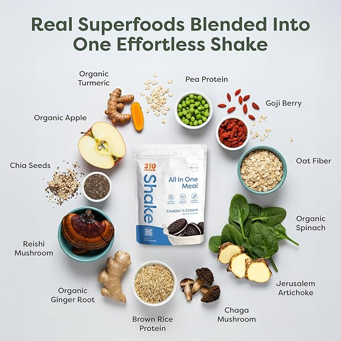 310 Nutrition All-In-One Meal Replacement Shake Powder - Plant-Based Protein Smoothie Blend w/High Fiber, Probiotics & Adaptogens - Low Carb, Vegan, Keto & Paleo Friendly - Cookies N Cream - 28 Srv