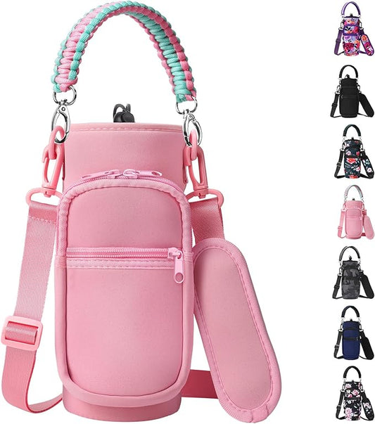 32/40/64/128 oz Neoprene Insulated Water Bottle Carrier Bag, Sling Bag Sleeve Pouch Holder with Strap & Paracord Handle and 2 Pocket for Travelling, Hiking, Camping