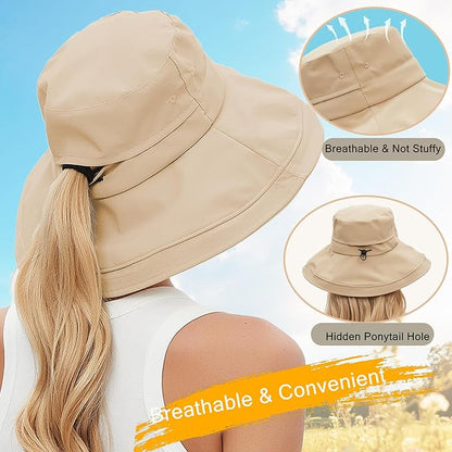 Sun Hats for Women Men UV Protection Wide Brim Bucket Hat with Ponytail Hole Waterproof Gardening Fold-Up Summer Cap