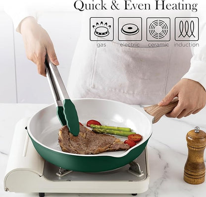 Country Kitchen Pots and Pans Set Nonstick, Cast Aluminum Kitchen Cookware Set with Utensils, 14 Pcs Non Stick Cooking Set w/Frying Pans & Saucepans, Sage