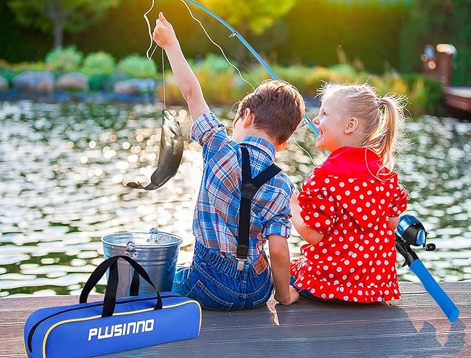 PLUSINNO Kids Fishing Pole with Spincast Reel Telescopic Fishing Rod Combo Full Kits for Boys, Girls, and Adults