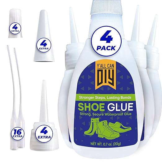 Y’allCanDiy Super Glue for Shoe. 4 Pk x .7 Oz. (20g) Heavy Duty Shoe Adhesive for Shoe Sole Repair and Applicable as Waterproof Boot Shoe Repair Glue. Cyanoacrylate Based CA Glue for Rubber Soles