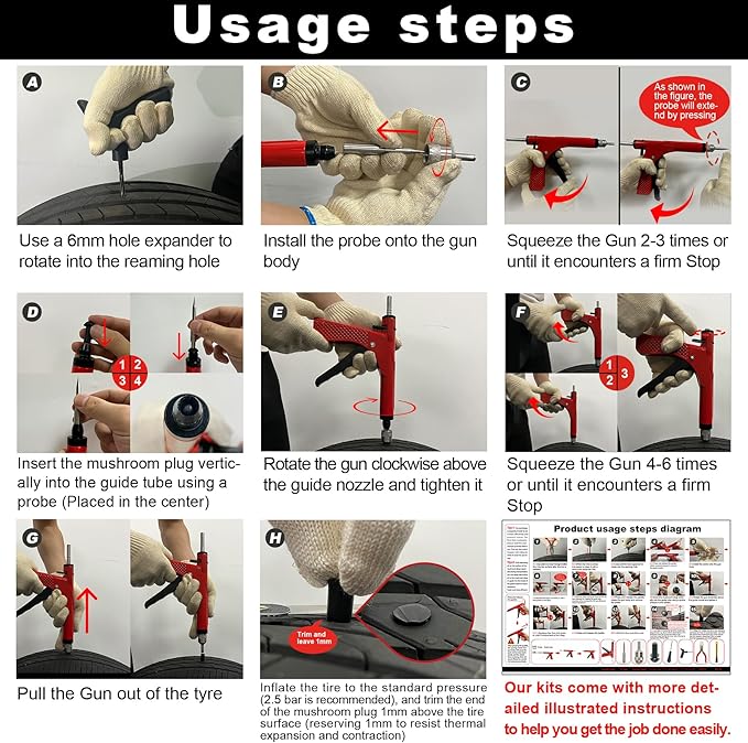 Richcat Tubeless Tire Puncture Repair Kit with Mushroom Plug, Repairs punctures and Flat Tires for Motorcycles, Cars, Trucks, ATVs,Gun Puncture Repair Kit