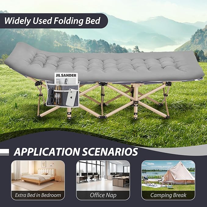 Folding Camping Cot for Sleeping, Portable Cots for Adults, Heavy Duty Cot Bed 550LBS(Max Load), Extra Wider Cots with Large Pocket for Outdoor, Office, Beach