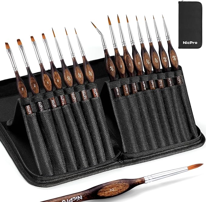 Nicpro Miniature Paint Brushes - 15PCS Model Paint Brush Set with Nylon Case for Acrylic Oil Watercolor, Micro Detail Paint Brushes for Model, Miniature Painting, Fine Detailing, Paint by Numbers