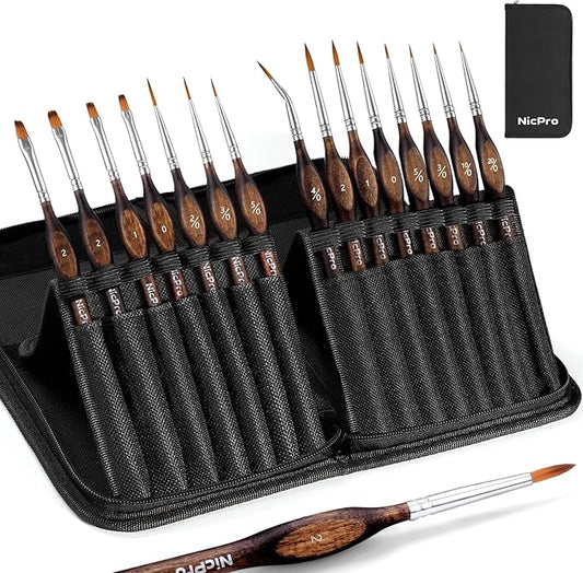 Nicpro Miniature Paint Brushes - 15PCS Model Paint Brush Set with Nylon Case for Acrylic Oil Watercolor, Micro Detail Paint Brushes for Model, Miniature Painting, Fine Detailing, Paint by Numbers