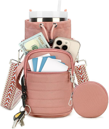 Water Bottle Carrier Bag with Strap, Sling Bag for Walking, Hiking, Cycling, Black, 40 Ounces