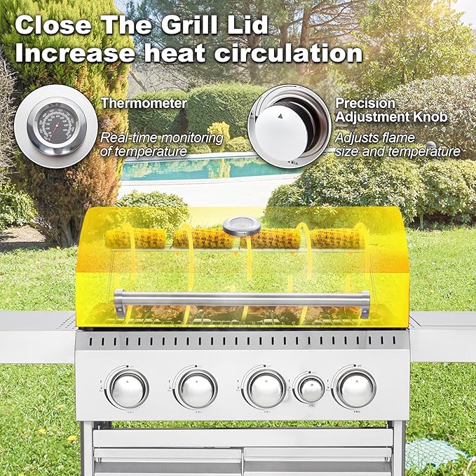 MELLCOM Stainless Steel 4 Burner BBQ Propane Gas Grill with Cast Iron Grates & Side Stove, Stainless Steel 44000 BTU Burner Barbecue Grill for Patio,Camping, Outdoor Cooking
