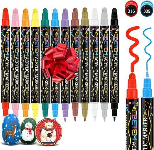 Betem 12 Colors Dual Tip Acrylic Paint Pens Markers, Premium Acrylic Paint Markers Stocking Stuffers for Rock, Wood, Fabric, Glass, Canvas, Ceramic, Christmas Gifts for Teens DIY Crafts Art Supplies