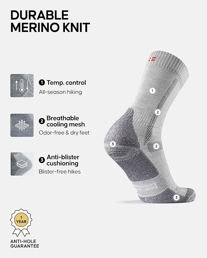 DANISH ENDURANCE Merino Wool Hiking Crew Socks for Men & Women, Cushioned Anti-Blister, Breathable - 3 Pairs