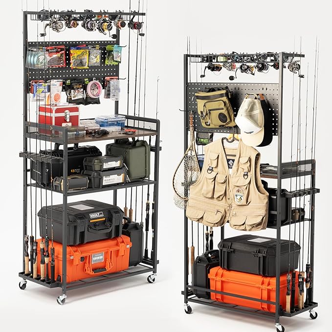 SOYEEZE Large Size Fishing Rod Holders for Garage, Heavy Duty 4-Tier Fishing Pole Rack Holds up to 12 Rods with Pegboard and Hooks, Fishing Gear Organizer, Fishing Storage Cart with Lockable Wheels