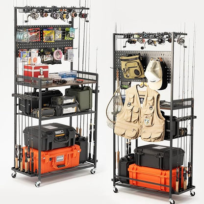 SOYEEZE Large Size Fishing Rod Holders for Garage, Heavy Duty 4-Tier Fishing Pole Rack Holds up to 12 Rods with Pegboard and Hooks, Fishing Gear Organizer, Fishing Storage Cart with Lockable Wheels