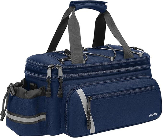 MOSISO Bike Rack Bag with Rain Cover, Bike Trunk Cooler Handag Insulated Bicycle Rear Seat Pouch with 2 Side Foldable Panniers, 8L Cycling Backseat Storage Cargo Saddle Shoulder Bag, Navy Blue