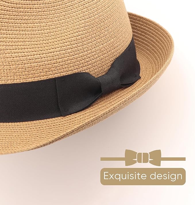 DRESHOW Women Straw Sun Hat Short Brim Panama Travel Fedora Beach Cap Roll up Summer Hat for Women Men UPF 50+