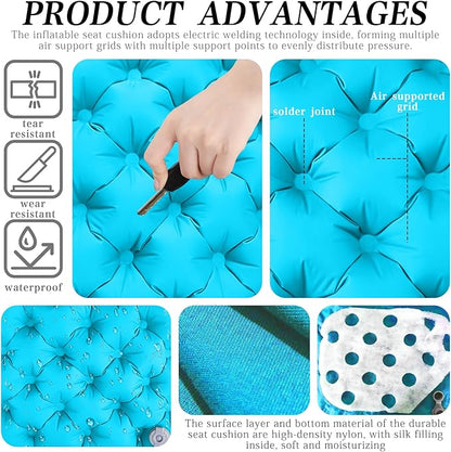 Inflatable seat Cushion-Travel Cushion Lnflatable Portable Air Sitting Pad for Stadium Camping OfficeCan also be used for lumbar and back support Lightweight Waterproof Camp Chair Accessories blue