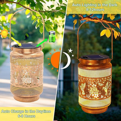 2 Pack Hummingbird Solar Lanterns Outdoor Waterproof Solar Garden Decor, Birthday Gifts for Christmas Women Mom Grandma, Metal Hanging Lights with Shepherd Hook for Yard Patio Pathway Backyard Porch